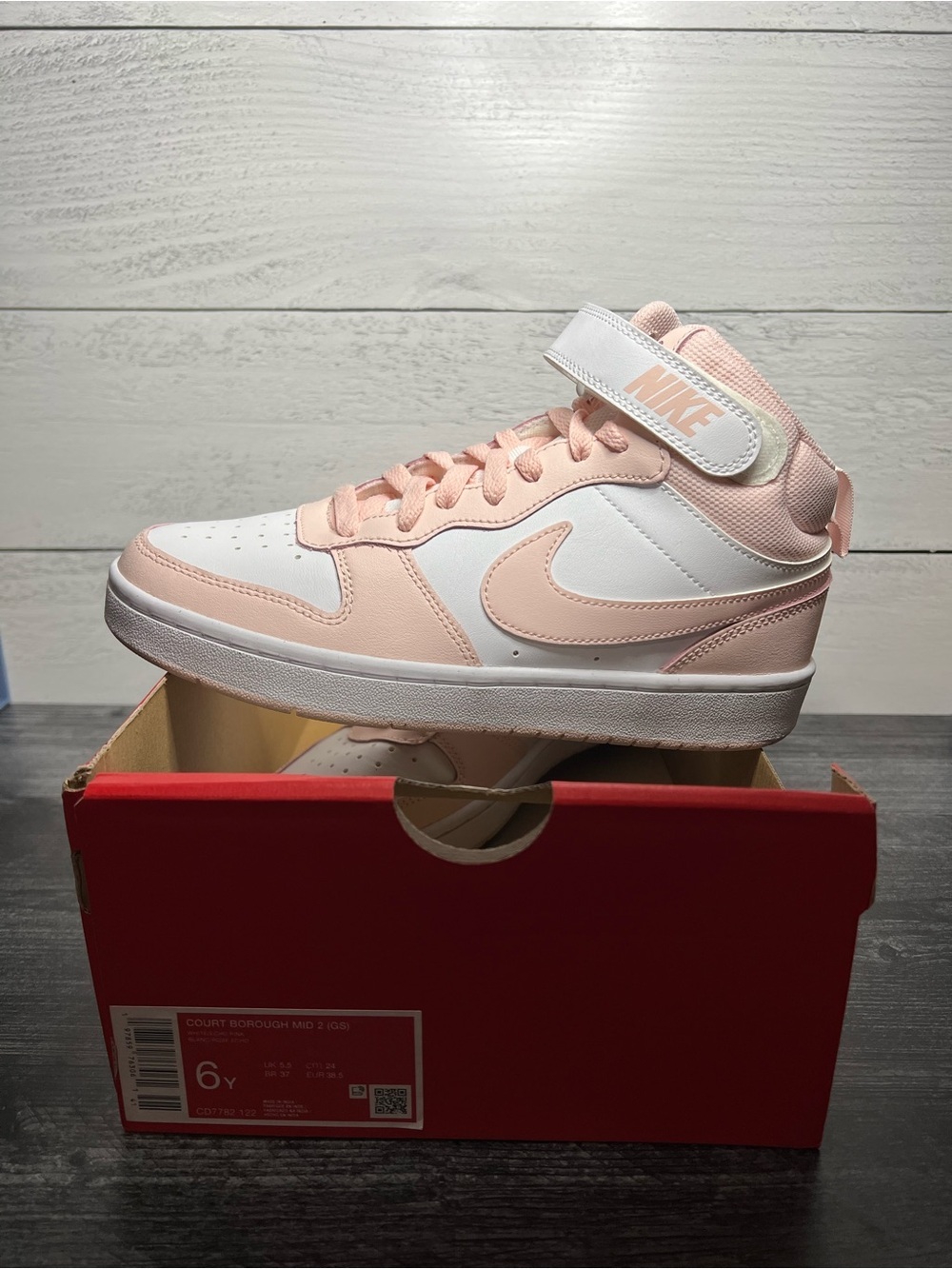 Nike Court Borough Mid in White and Pale Pink